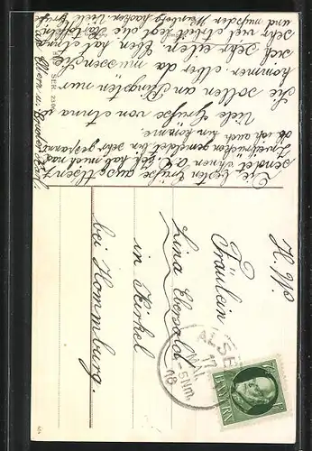 Präge-AK Ortspartie und Maikäfer an einem Zweig, Pfingstgruss