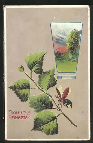 Präge-AK Ortspartie mit Bäumen, Maikäfer auf einem Ast, Pfingstgruss