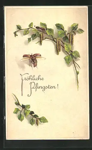 Präge-AK Zwei Maikäfer mit Zweigen, Pfingstgruss