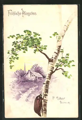 AK Ortspartie mit Haus, Maikäfer auf einem Baum, Pfingstgruss