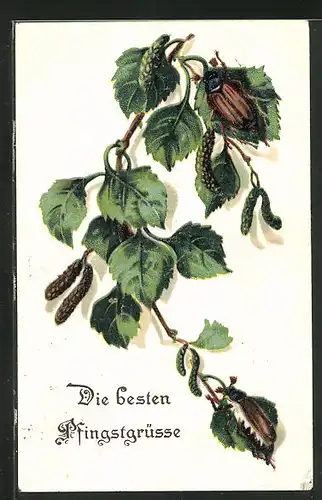 AK Zwei Maikäfer auf einem Zweig, Pfingstgruss