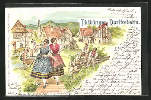 Lithographie Thüringer Dorfkokette, thüringische Tracht