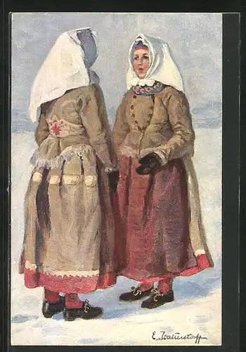 Künstler-AK Frauen im Winter in schwedischer Tracht