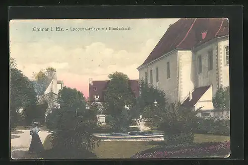 AK Colmar i. Els., Lyceums-Anlage mit Hirndenkmal und Springbrunnen