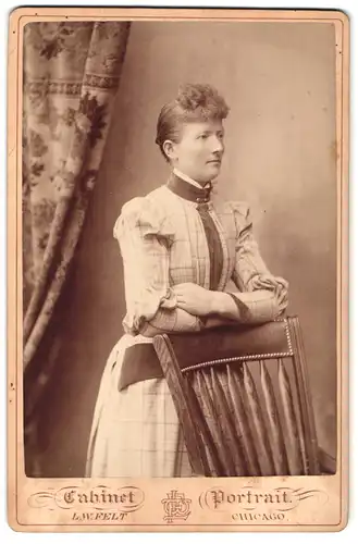 Fotografie L. W. Felt, Chicago, East Chicago Ave., Portrait junge Frau im karierten Kleid mit Locken