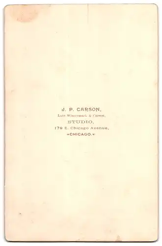 Fotografie Carson, Chicago, E. Chicago Agenue 179, Portrait Dame im bestickten Kleid mit Brosche