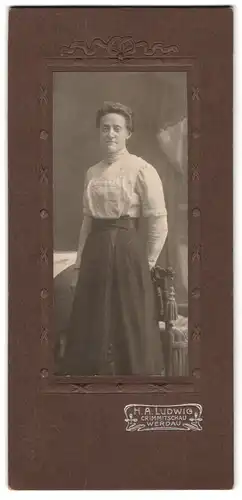 Fotografie H. A. Ludwig, Crimmitschau, Portrait bürgerliche Dame in hübscher Bluse und Rock