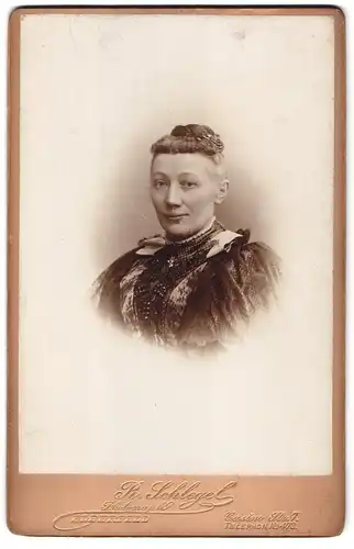 Fotografie R. Schlegel, Elberfeld, Casino Str. 7, Portrait Dame im Biedermeierkleid mit hochgesteckten Haaren