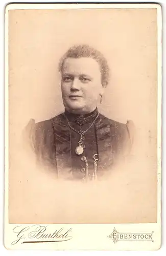 Fotografie G. Bartholi, Eibenstock, Portrait dicke Frau im Biedermeierkleid mit Locken und Halskette
