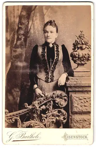 Fotografie G. Bartholi, Eibenstock, Portrait Dame im besticken Kleid mit Brosche vor einer Studiokulisse