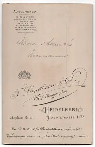 Fotografie F. Langbein & Co., Heidelberg, Hauptstr. 113a, Portrait Mina und Heinrich Ammann im Kleid und Anzug