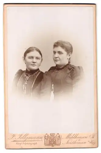 Fotografie F. Tellgmann, Mühlhausen i. Th., Portrait zwei Frauen in Biedermeierkleidern