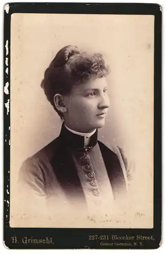 Fotografie H. Grimsehl, Corner Carmine, N.Y., Bleeker St. 227-231, Junge Dame mit auftoupierten Haaren