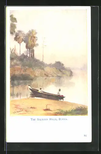 Künstler-AK Salween River, Ruderboot am Flussufer