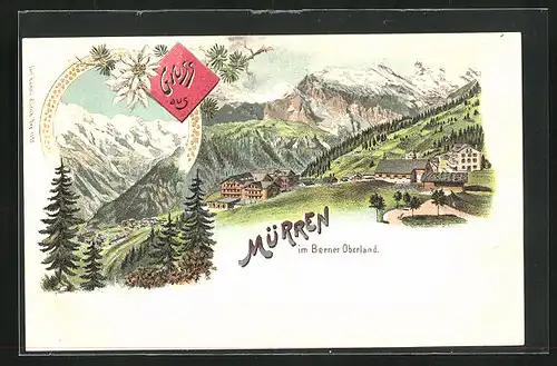 Lithographie Mürren /Berner Oberland, Totalansicht mit Alpenpanorama