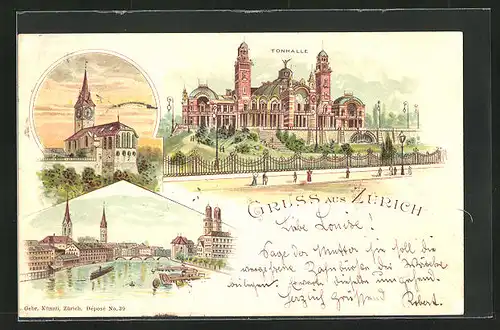 Lithographie Zürich, Tonhalle, Kirche, Flusspartie