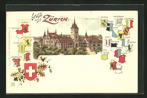 Lithographie Zürich, Schweizer Landesmuseum, Wappen der Kantone