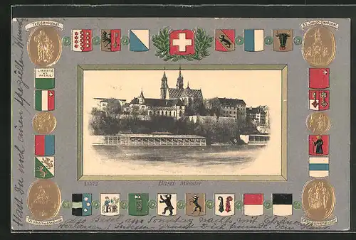 Präge-AK Basel, Rheinpartie mit Münster, Wappen der Kantone