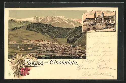 Lithographie Einsiedeln, Kloster, Gesamtansicht