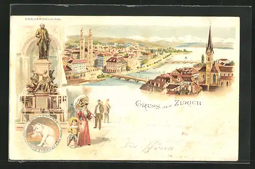 Lithographie Zürich, Escherdenkmal, Ortspartie mit Brücke