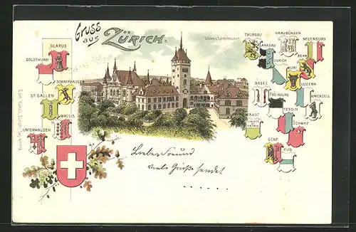 Lithographie Zürich, Schweiz. Landesmuesum, Wappen der Kantone