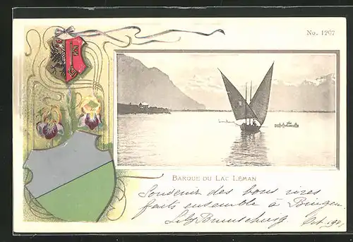 Präge-AK Lac Léman / Genfersee, Barque / Segelboot, Wappen
