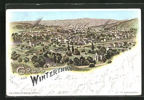 Lithographie Winterthur, Panoramablick auf die Ortschaft