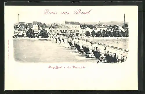 AK Basel, Stadtansicht mit Rheinbrücke aus der Vogelschau