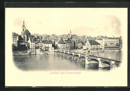 AK Basel, Rheinbrücke mit Stadtansicht