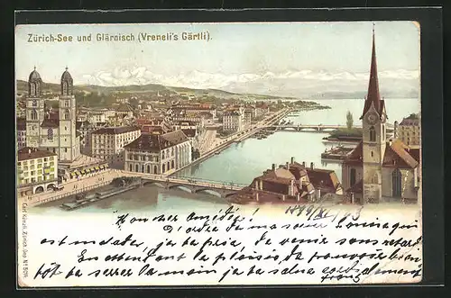 Künstler-AK Glarus, Zürich-See und Glärnisch, Vreneli`s Gärtli