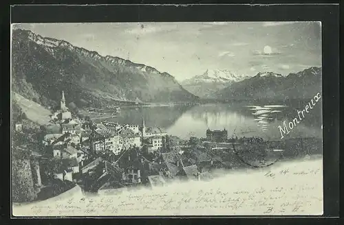 Mondschein-AK Montreux, Teil der Stadt mit Seeblick