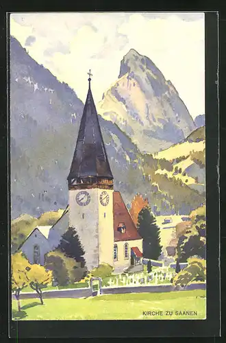 Künstler-AK Saanen, Kirche gegen die Berge