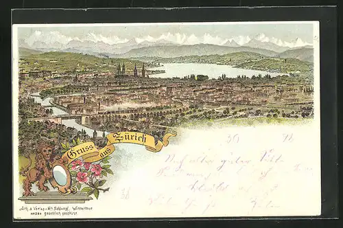 Lithographie Zürich, Panoramablick auf die Stadt