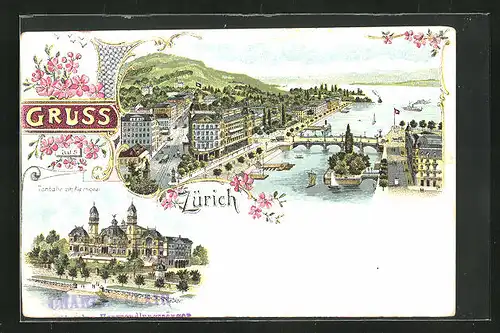 Lithographie Zürich, Tonhalle am Alpenquai, Panorama
