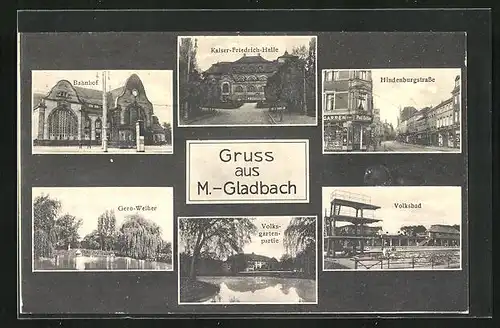 AK M.-Gladbach, Bahnhof mit Passagieren, Volksbad, Blick in die Hindenburgstrasse