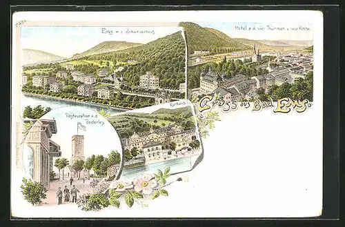 Lithographie Bad Ems, Restaurant a. d. Bederley mit Aussichtsturm, Hotel z. d. vier Türmen mit neuer Kirche