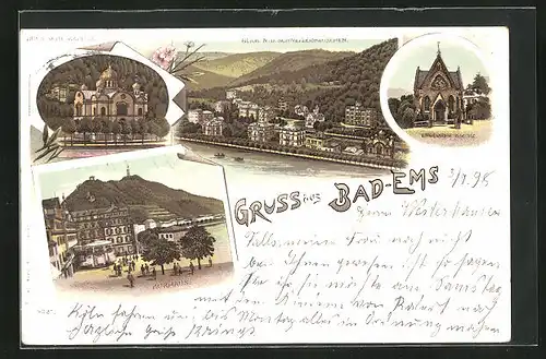 Lithographie Bad Ems, Hotel Kurhaus, Russische Kapelle, Englische Kirche