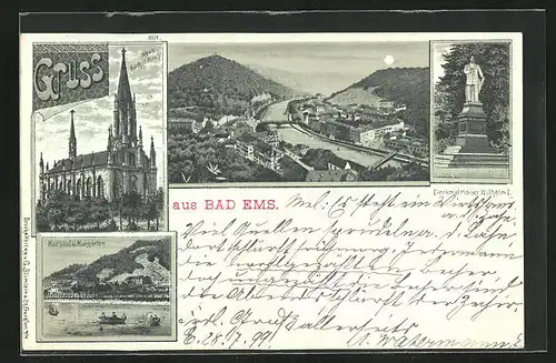 Mondschein-Lithographie Bad Ems, Kursaal mit Kurgarten, Denkmal von Kaiser Wilhelm I., Neue kath. Kirche