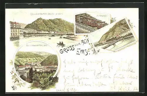 Lithographie Bad Ems, Malbergbahn, Kursaal mit Promenade, Stadtansicht aus der Vogelschau