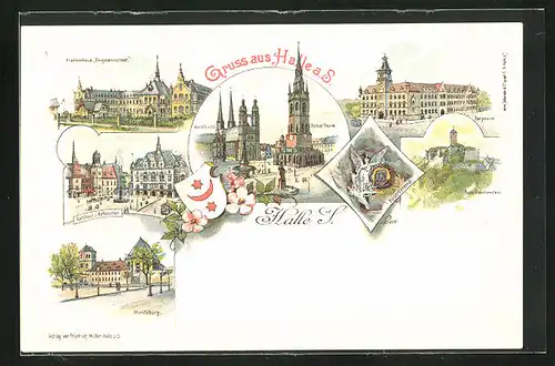 Lithographie Halle / Saale, Moritzburg, Krankenhaus Bergmannstrost, Ruine Glebichenstein