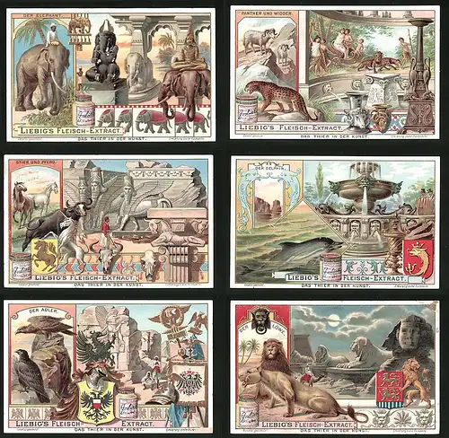 6 Sammelbilder Liebig, Serie Nr. 758: Das Tier in der Kunst, Adler, Löwe, Delphin, Panther, Elefant