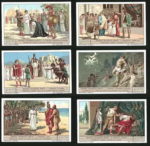 6 Sammelbilder Liebig, Serie Nr. 1245: Grands Tragiques Grecs, Prometheus, Ödipus, Antike, Griechenland