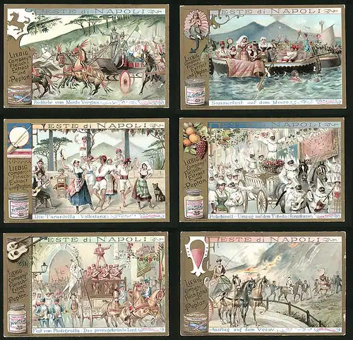 6 Sammelbilder Liebig, Serie Nr. 626: Feste di Napoli, Toledo, Monte Vergine, Tarantella, Vesuv