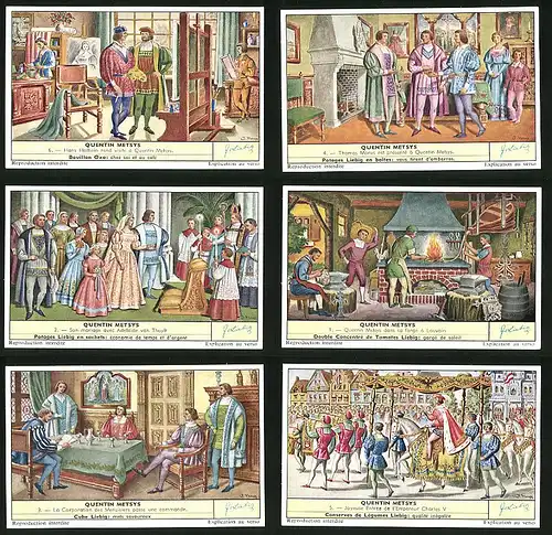 6 Sammelbilder Liebig, Serie Nr. 1736: Quentin Metsys, Adel, Schmiede, Hochzeit