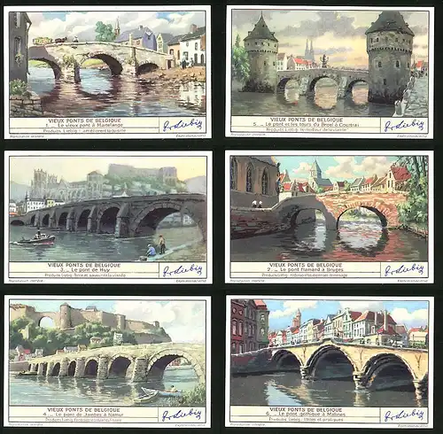 6 Sammelbilder Liebig, Serie Nr. 1435: Vieux Ponts de Belgique, Huy, Bruges, Malines, Namur