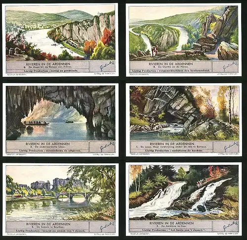 6 Sammelbilder Liebig, Serie Nr. 1398: Rivieren in de Ardennen, Brücke, Fluss, Gebirge