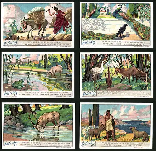 6 Sammelbilder Liebig, Serie Nr. 1262: Fables d`Esope, Pfau, Storch, Frosch, Wolf, Hirsch, Fuchs