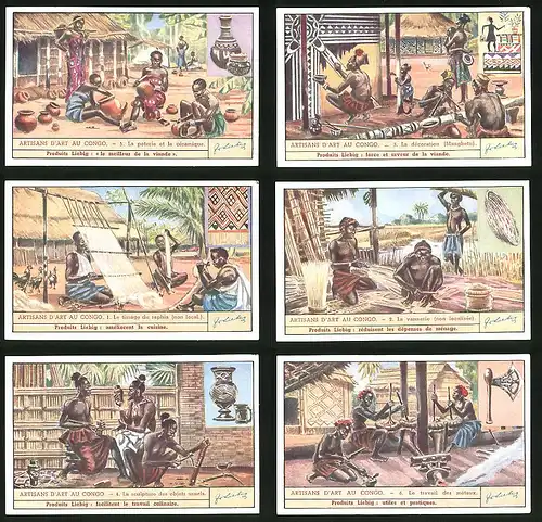 6 Sammelbilder Liebig, Serie Nr. 1437: Artisans d`Art au Congo, Kunst, Handwerk, Afrika
