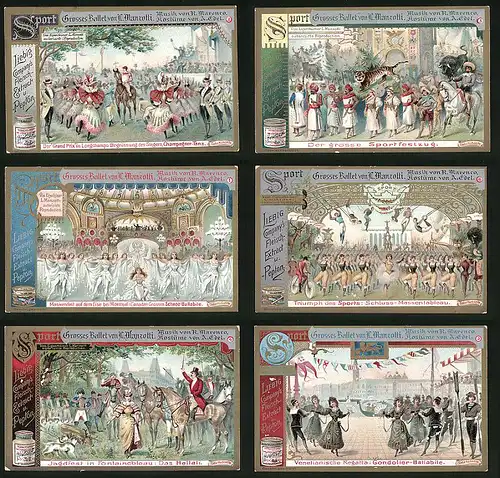 6 Sammelbilder Liebig, Serie Nr. 574: Grosses Ballett von Manzotti, Sport, Venedig, Fontainebleau, Tiger