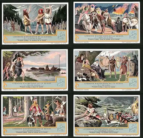 6 Sammelbilder Liebig, Serie Nr. 1255: Legendes historiques de la Suisse, Tell, Gallier, Bern, Rütli